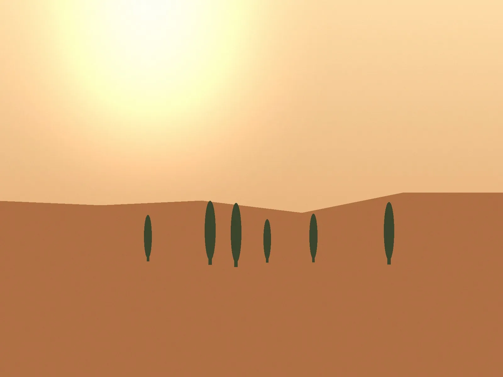 Illustration of warm terracotta hills with cypress trees