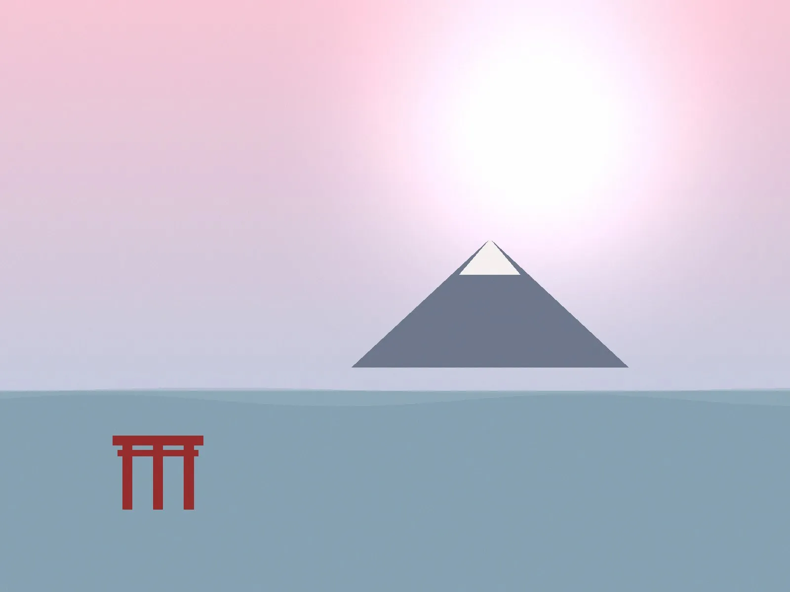 Illustration of a soft pink sky over Mount Fuji with a torii gate